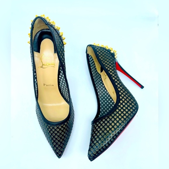 Christian Louboutin Black Leather Mesh Guni Spiked Gold stud 100mm pumps EU 38.5 - Picture 2 of 14